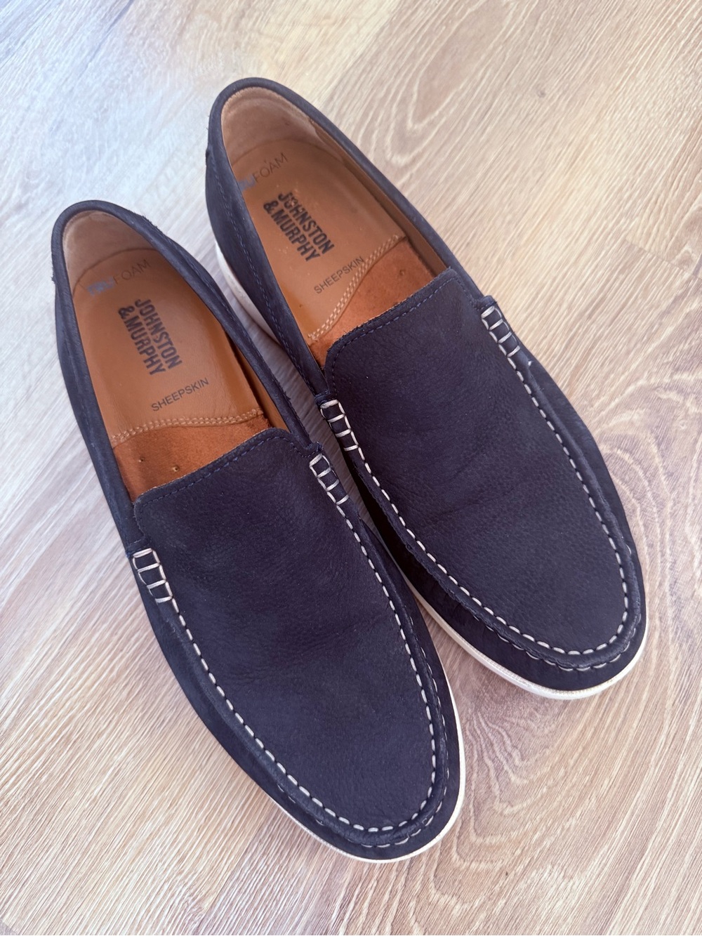 Johnston & Murphy Navy Suede Slip-On Loafers with White Stitching
